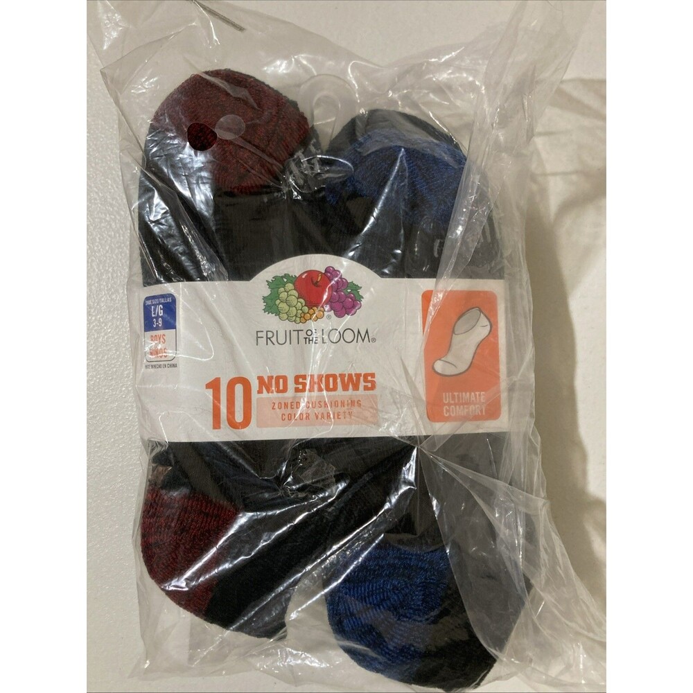 FRUIT OF THE LOOM SIZE 3-9 Boys Socks No Show Cushioned 10 Pair Black F